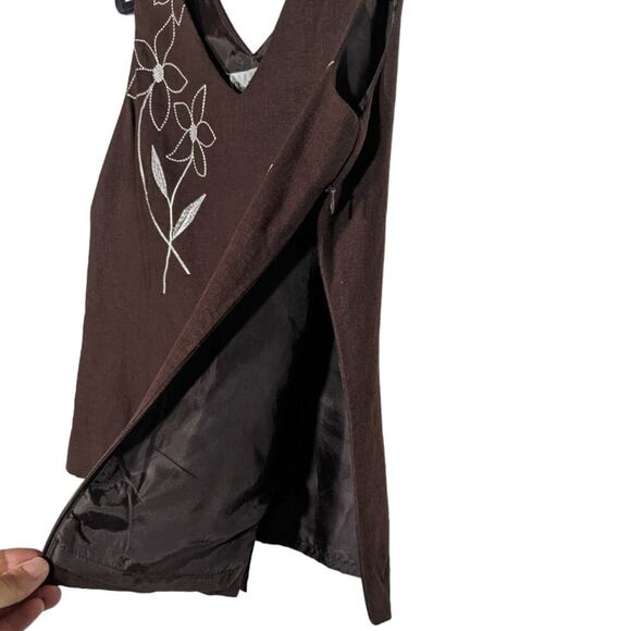 VTG 90s Brown Linen Sleeveless Floral Embroidered Crop Blouse Tank Neck Boho 14 - Picture 4 of 8